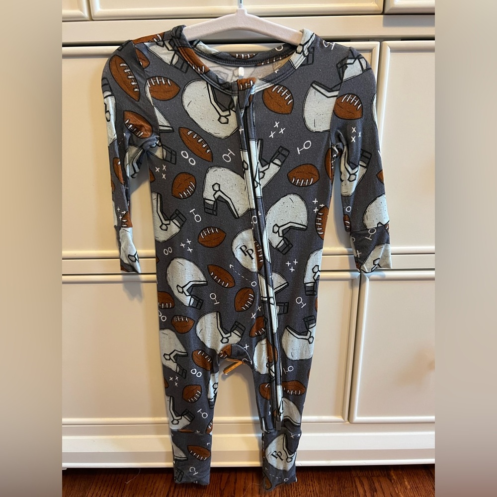 Posh Peanut Football Print Footie in Gray, Brown & Cream